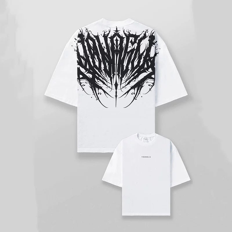 YoungLA White Tribal Tattoo Back Logo Oversized Shirt | Heavy Cotton Gym Pump Cover