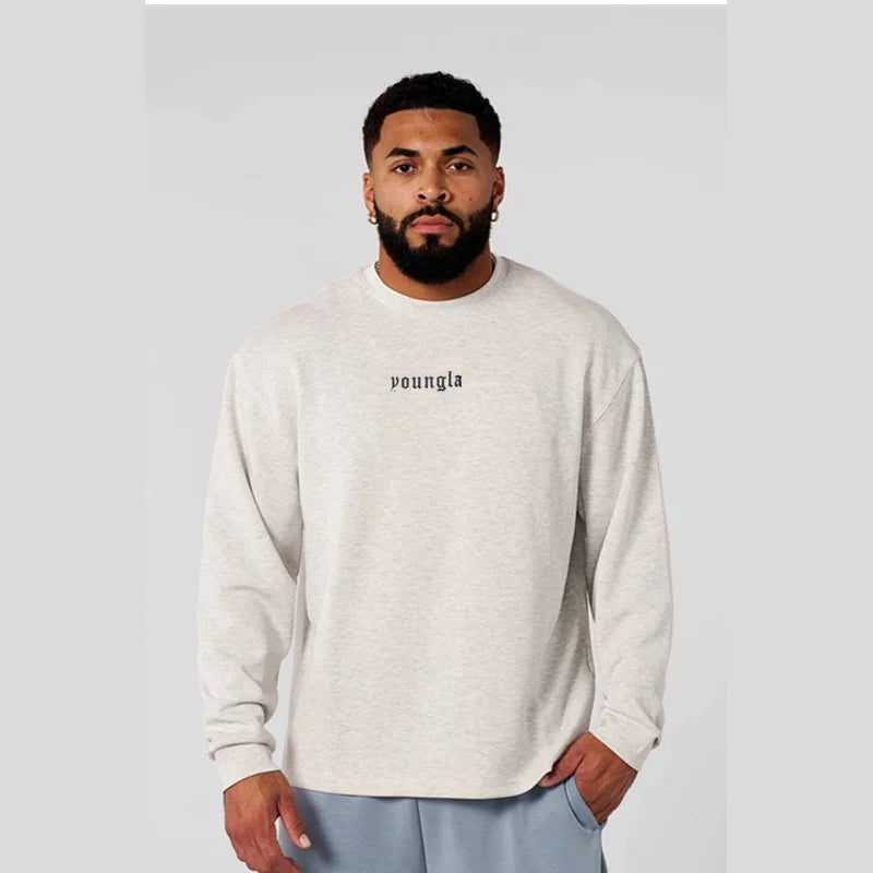 YOUNGLA- Light Oatmeal Grey Oversized Long-Sleeve Sweatshirt