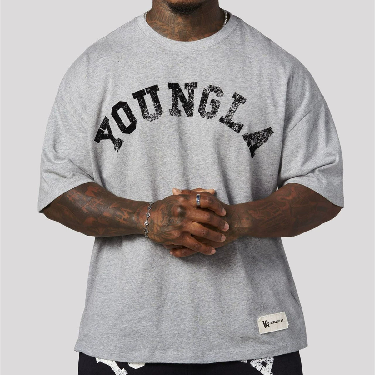 YoungLA Heavyweight Acid Wash Oversized Tee – Heather Grey Distressed Print