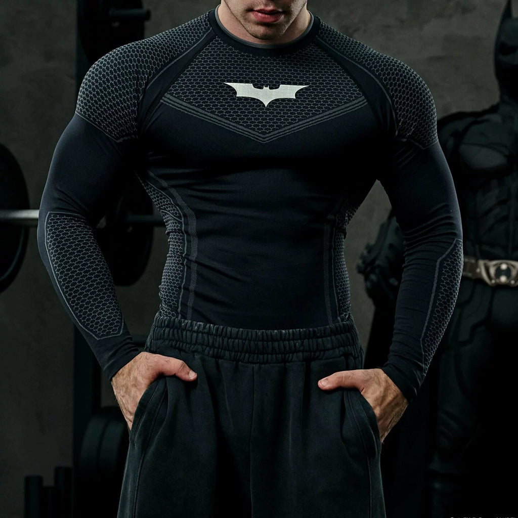 YOUNGLA Men's Superhero Honeycomb Armor Compression Long Sleeve Shirt Black