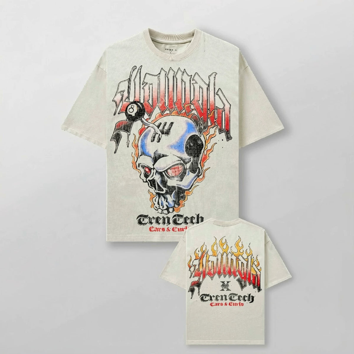 YoungLA Heavyweight Acid Wash Oversized Tee – Tren Tech Skull & Flames Graphic