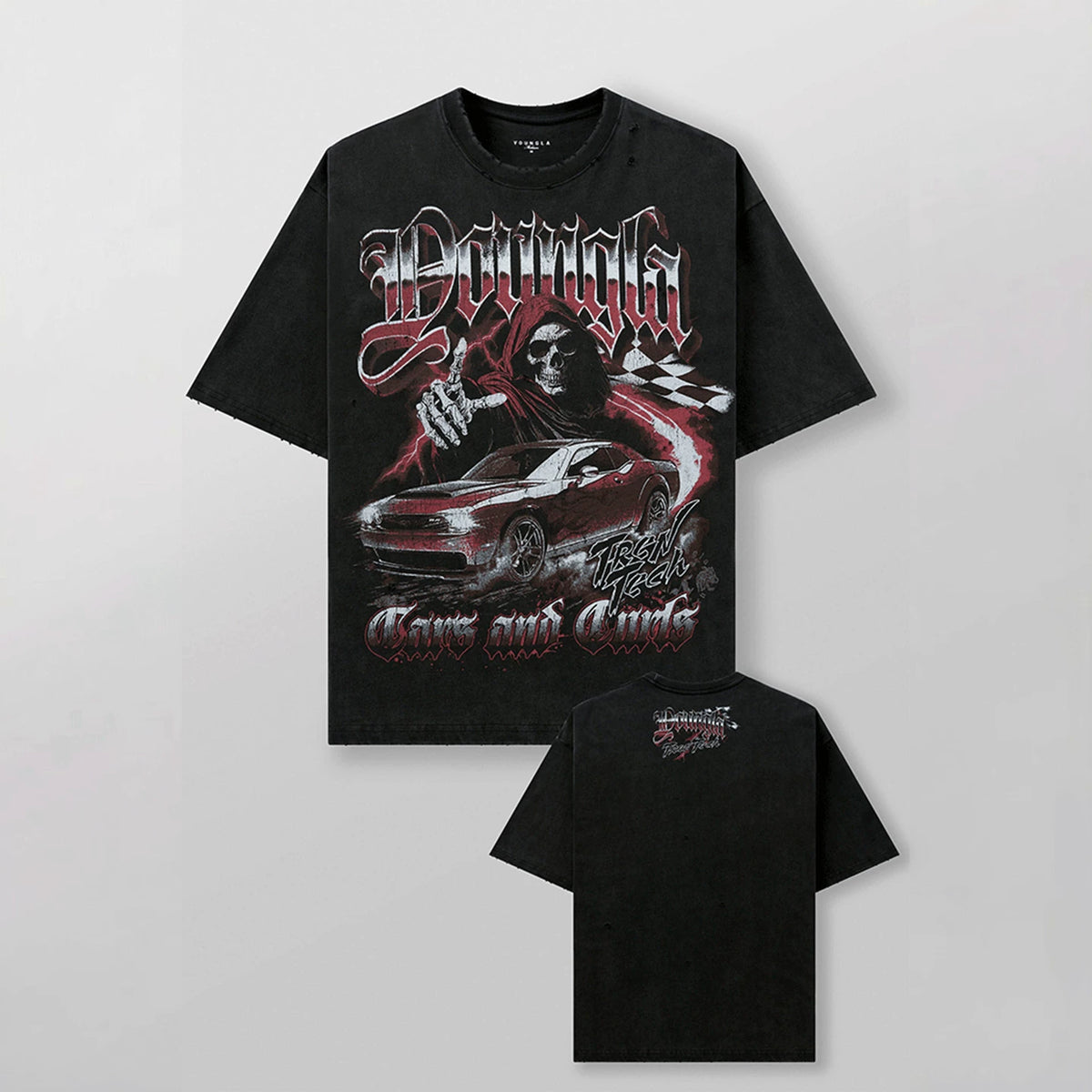 YoungLA Heavyweight Acid Wash Oversized Tee – Reaper & Muscle Car Graphic