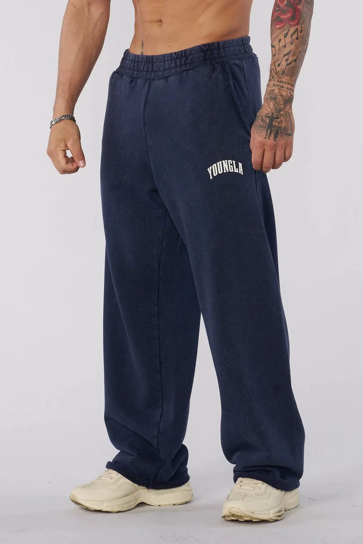 YOUNGLA Men's Arched Collegiate Logo Acid Wash Wide Leg Sweatpants
