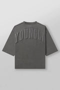 YoungLA Washed Dark Grey 3D Embossed Arch Logo Oversized Shirt | Heavy Cotton Gym Pump Cover