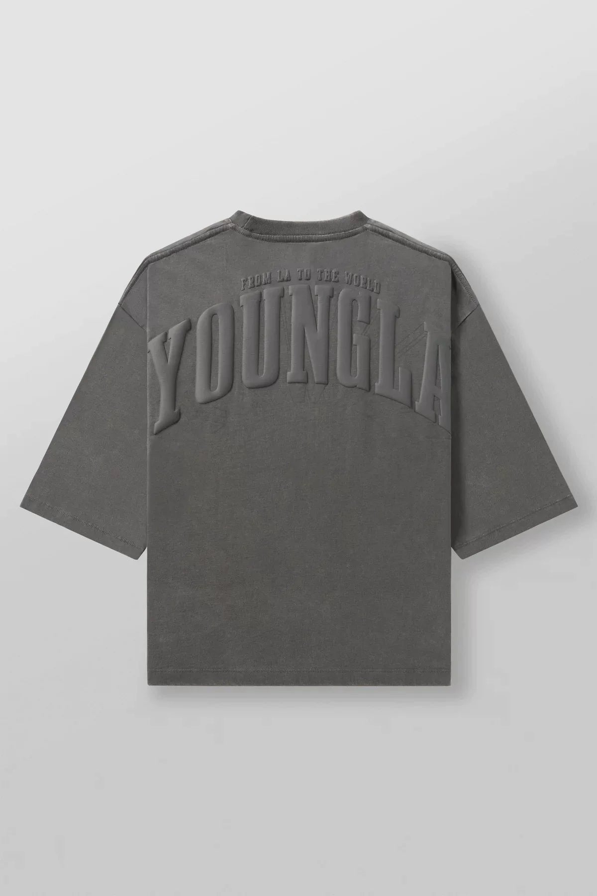 YoungLA Washed Dark Grey 3D Embossed Arch Logo Oversized Shirt | Heavy Cotton Gym Pump Cover