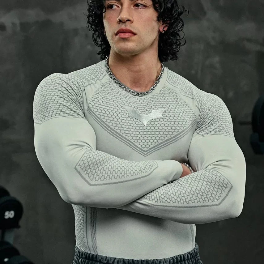 YOUNGLA Batman Superhero Compression Long-Sleeve Gym Shirt  LightGray