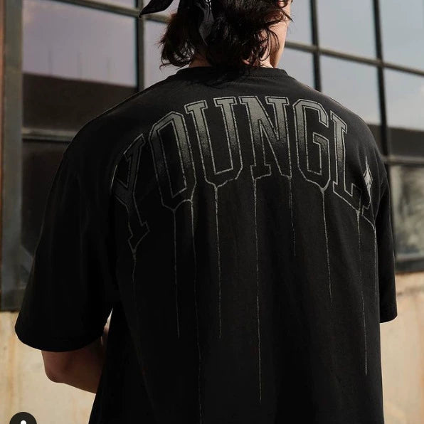 YoungLA Heavyweight Acid Wash Oversized Tee – Acid Black Drip Arc Back Artwork