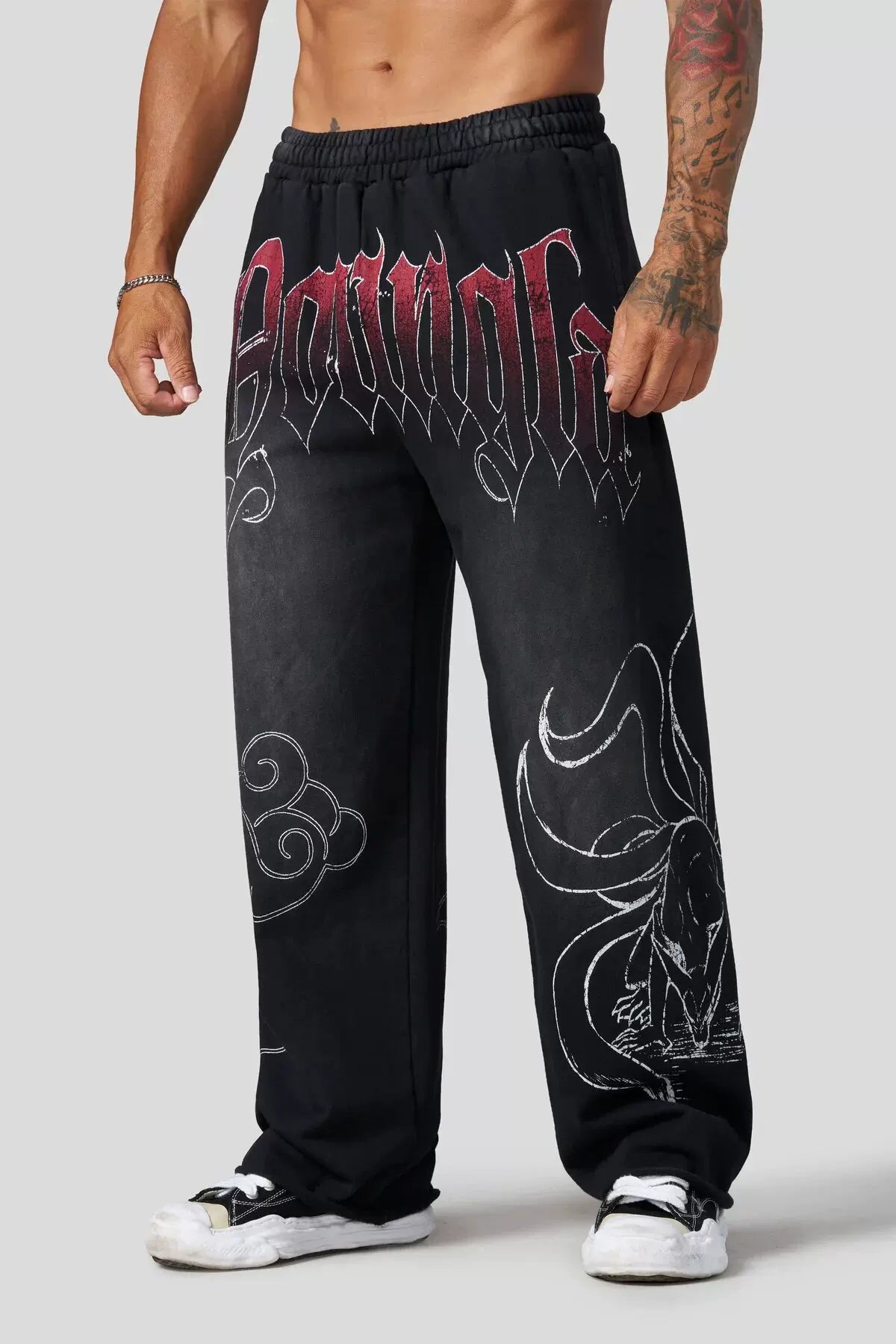 YOUNGLA Men's Anime Graphic Acid Wash Straight Leg Sweatpants