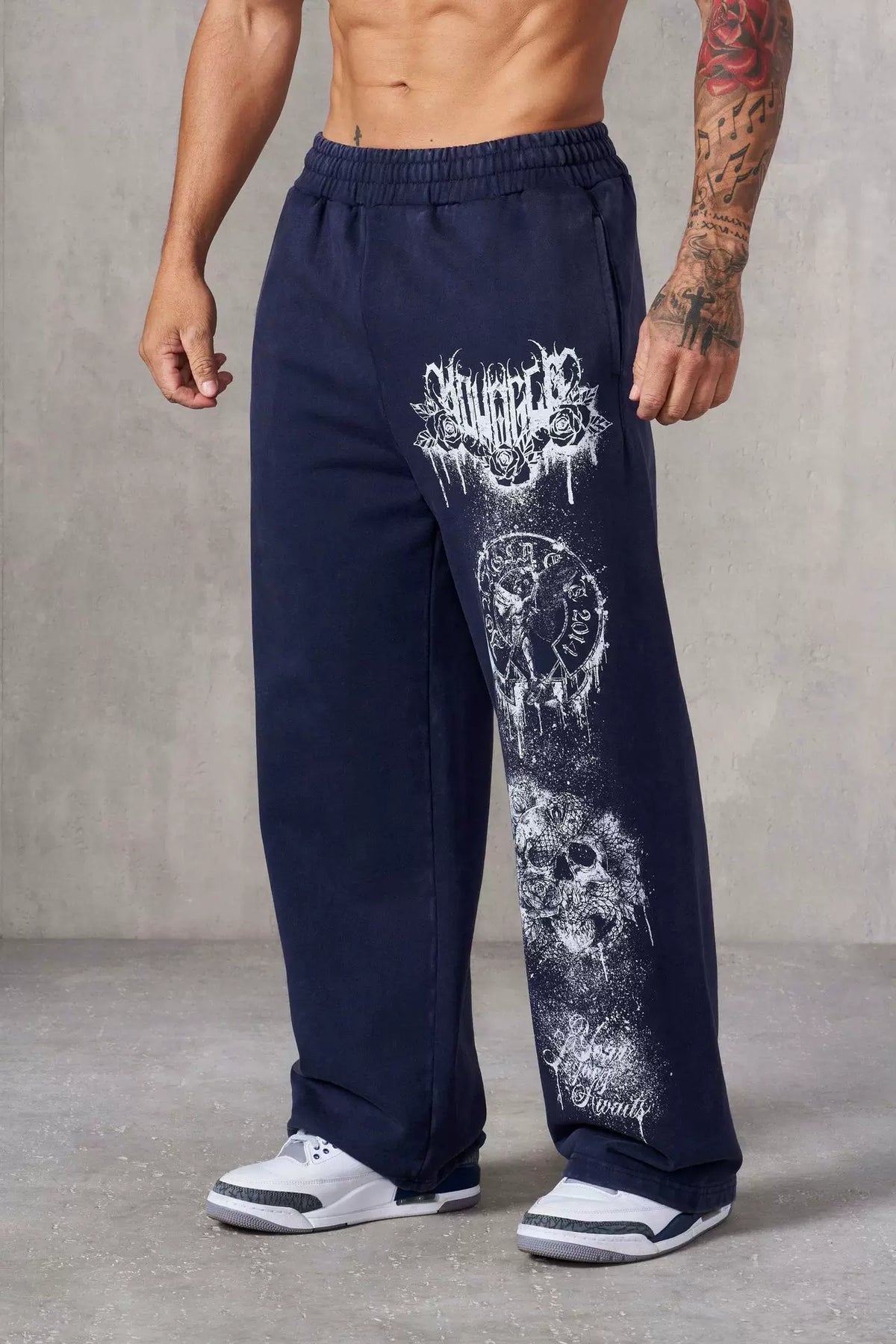 YOUNGLA Men's Acid Wash Heavy Metal Skull Graphic Wide Leg Sweatpants