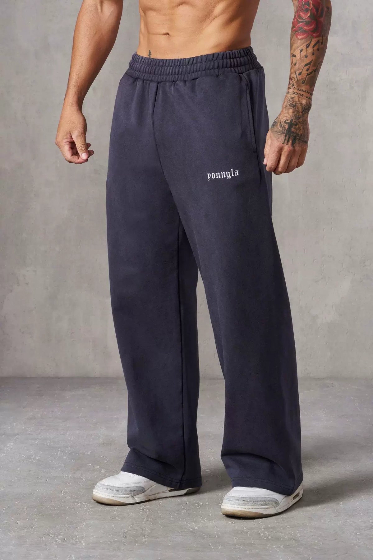 YOUNGLA Men's Minimalist Embroidered Logo Wide Leg Sweatpants