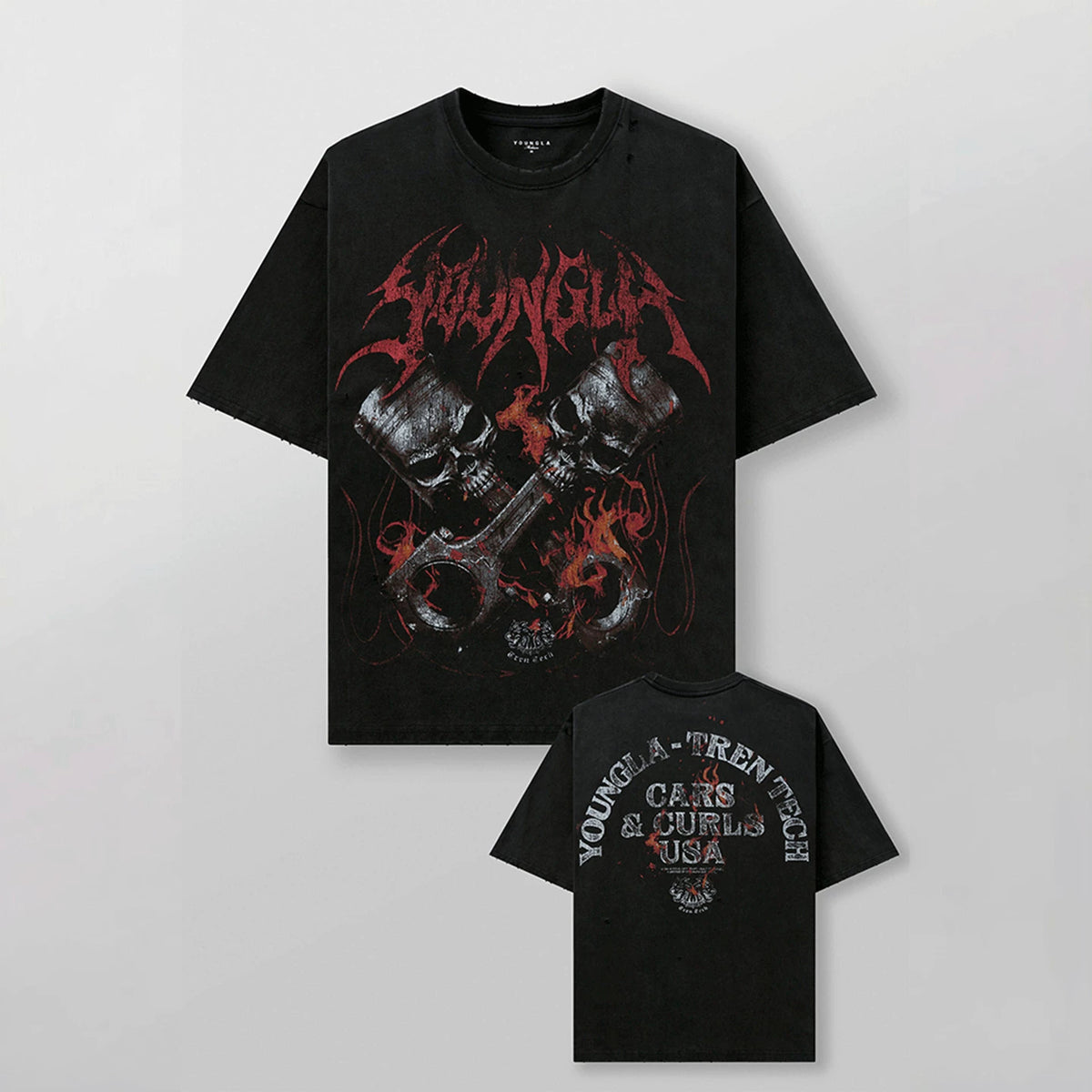 YoungLA Heavyweight Acid Wash Oversized Tee – Mechanical Piston Skull Graphic