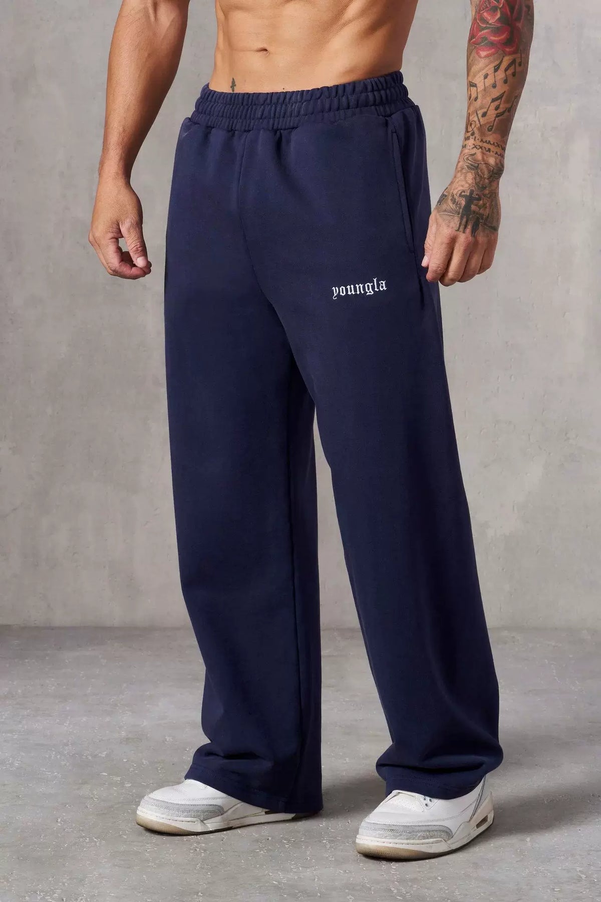 YOUNGLA Men's Minimalist Embroidered Logo Wide Leg Sweatpants