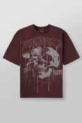 YoungLA Heavyweight Acid Wash Oversized Tee – Burgundy Drip Skull Graphic
