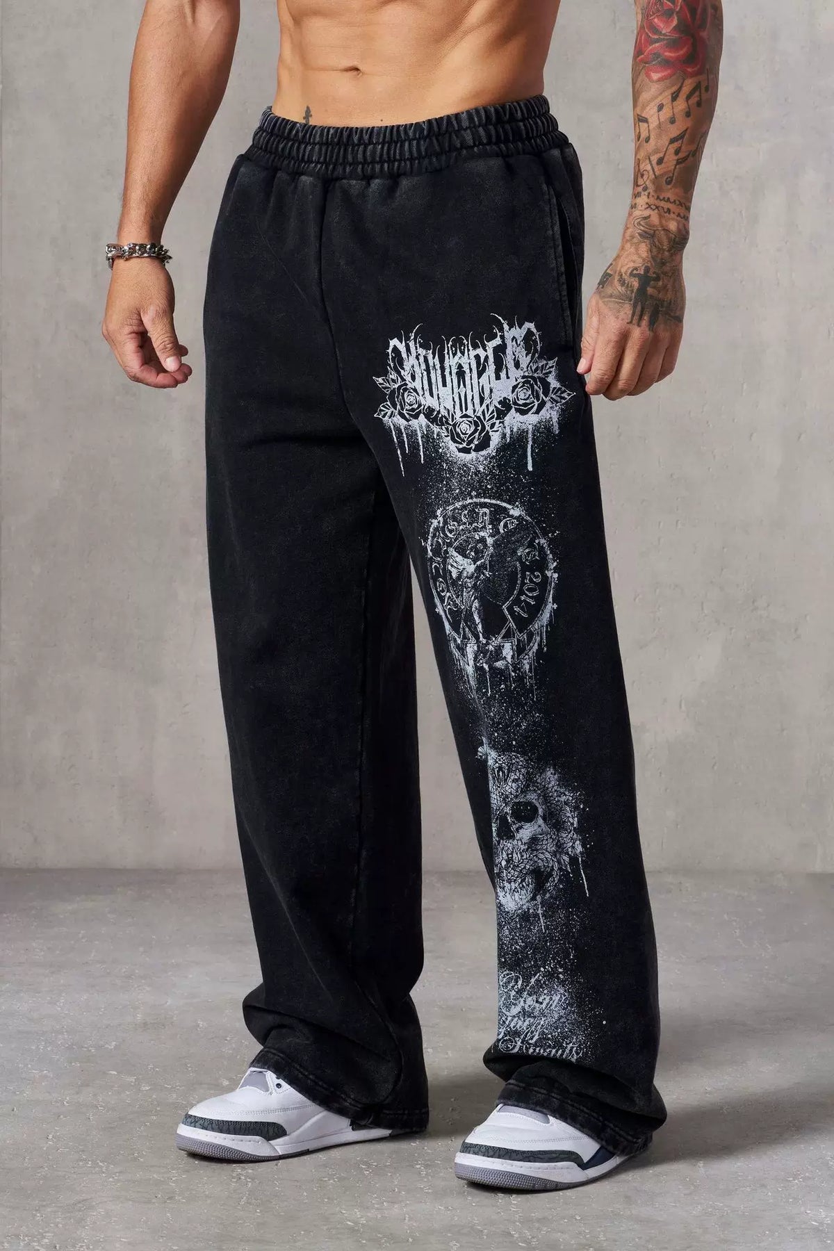 YOUNGLA Men's Acid Wash Heavy Metal Skull Graphic Wide Leg Sweatpants