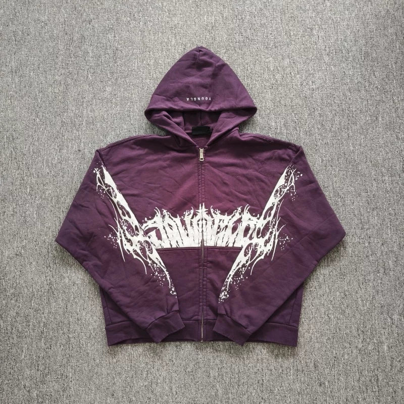 YOUNGLA- Washed Purple Gothic Graphic Zip-Up Hoodie