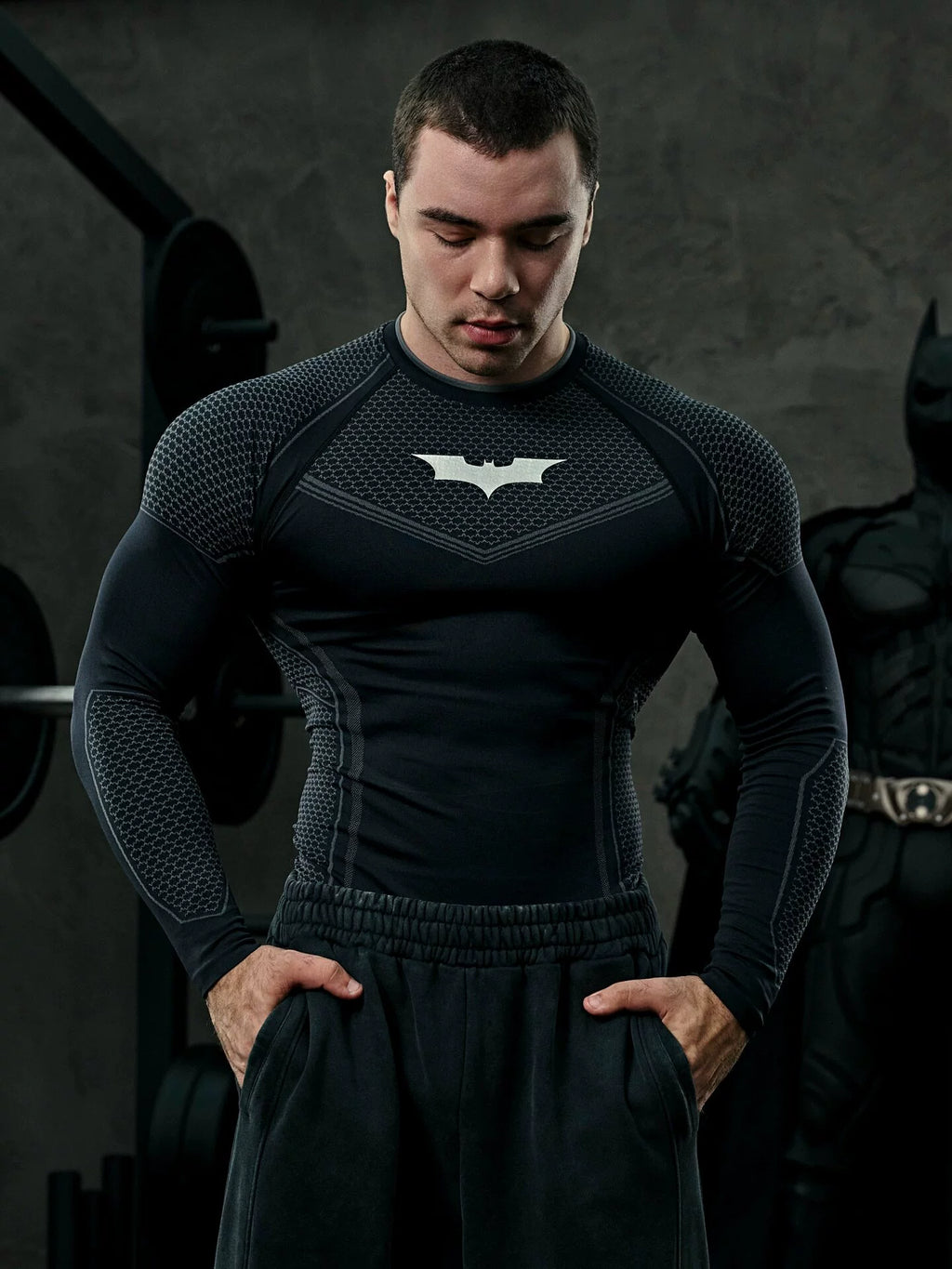 YOUNGLA Men's Superhero Honeycomb Armor Compression Long Sleeve Shirt Black
