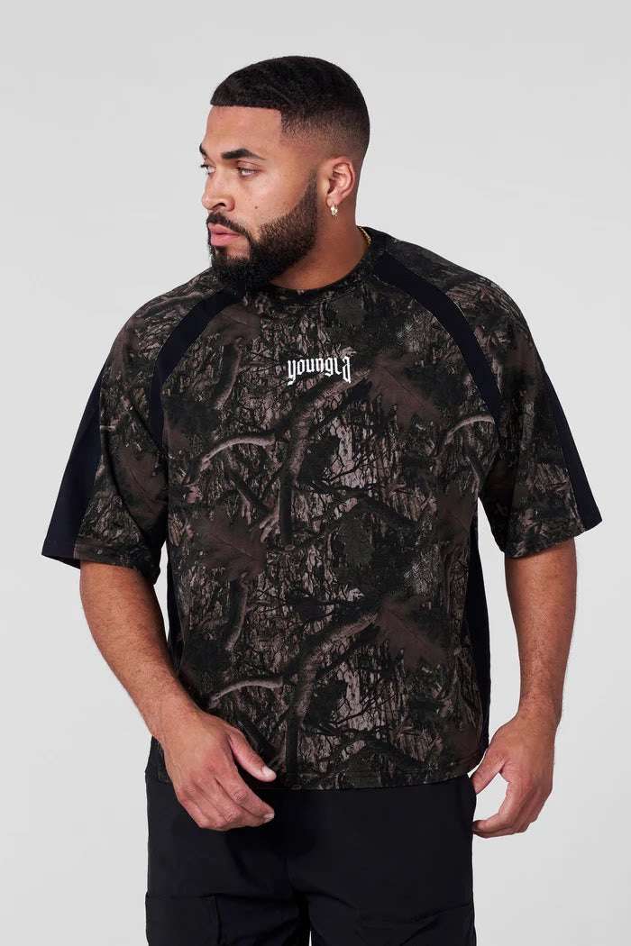 YoungLA Heavyweight Acid Wash Oversized Tee – Tactical Camo Raglan Sleeve Gothic Micro Logo