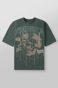 YoungLA Heavyweight Acid Wash Oversized Tee – Olive Green Drip Skull Graphic