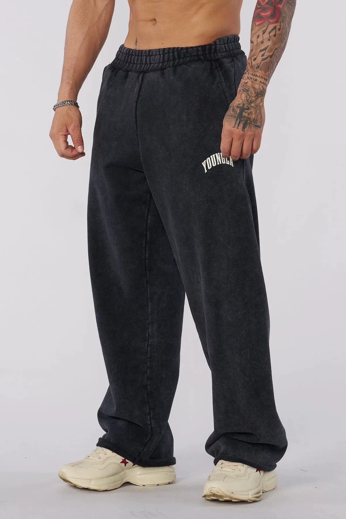 YOUNGLA Men's Arched Collegiate Logo Acid Wash Wide Leg Sweatpants