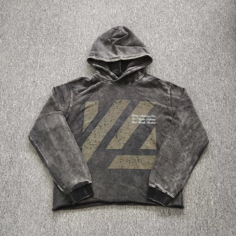 YOUNGLA- Washed Mud Grey Graphic Pullover Hoodie