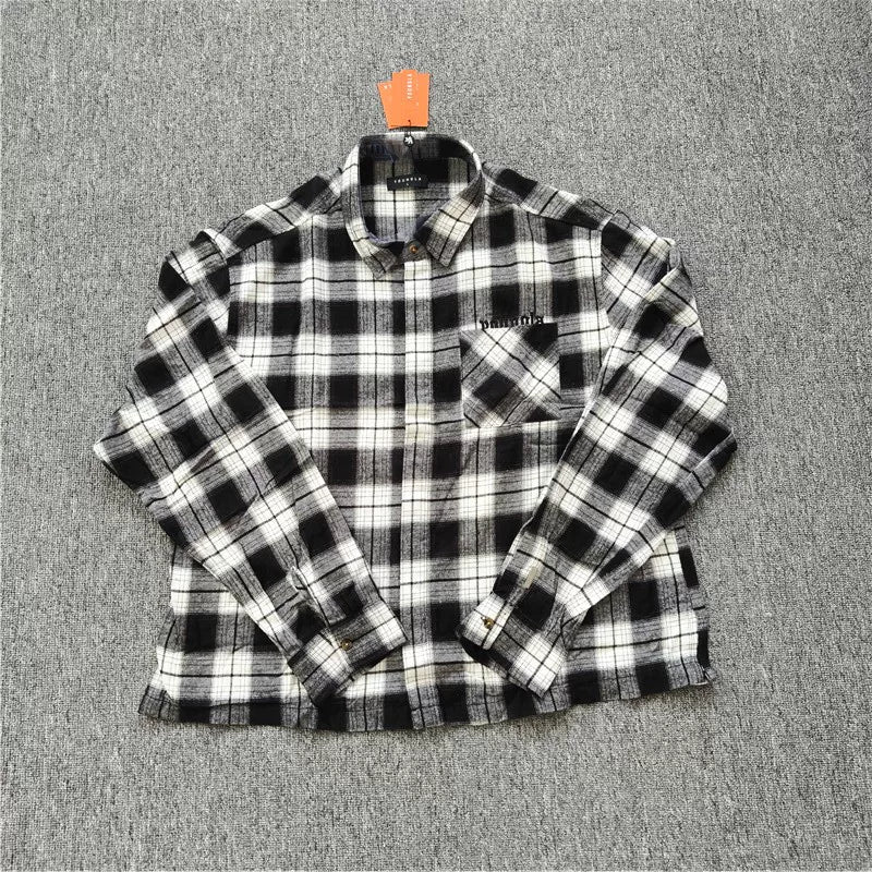 YOUNGLA- Black and White Plaid Long-Sleeve Shirt