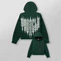 YOUNGLA- Dark Green Gothic Back Graphic Full-Zip Hoodie