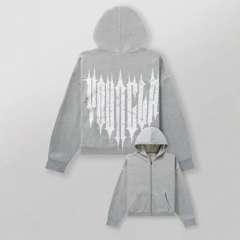 YOUNGLA- Grey Gothic Back Graphic Full-Zip Hoodie
