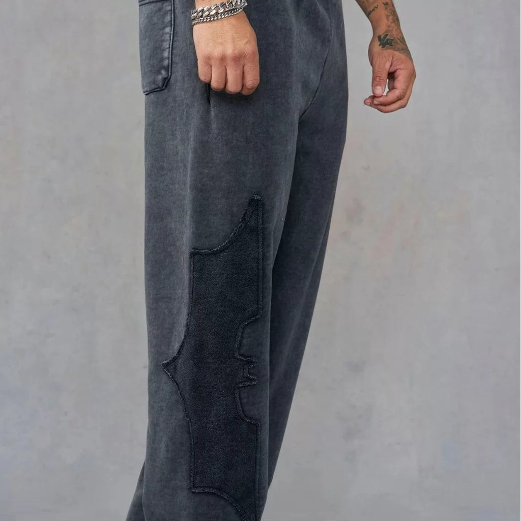 YOUNGLA Men's Acid Wash Gothic Cut-Out Appliqué Wide Leg Sweatpants