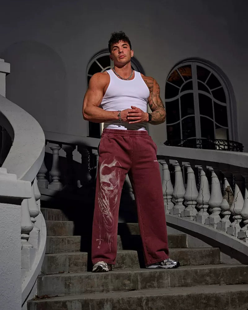 YoungLA Men's Oversized Sweatpants – Graphic Vintage Wash Red Athletic Joggers