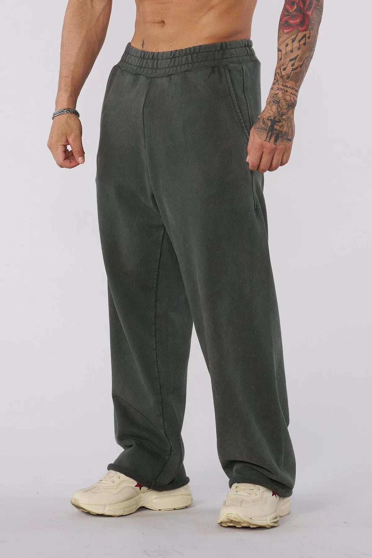 YOUNGLA Men's Arched Collegiate Logo & Blank Acid Wash Wide Leg Sweatpants