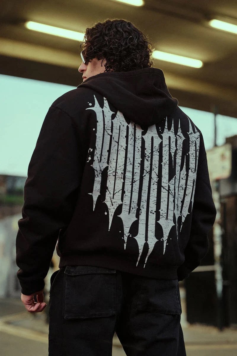 YOUNGLA- Black Graphic Zip-Up Hoodie Sweatshirt