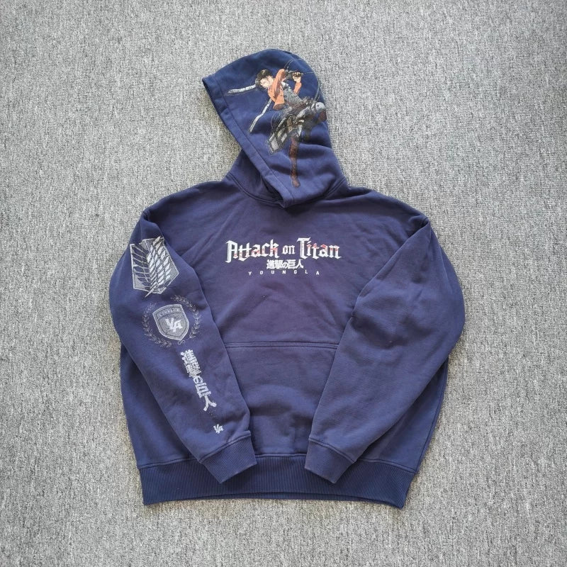 YOUNGLA- Washed Navy Attack on Titan Anime Graphic Pullover Hoodie