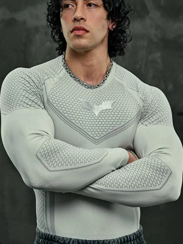 YOUNGLA Batman Superhero Compression Long-Sleeve Gym Shirt  LightGray