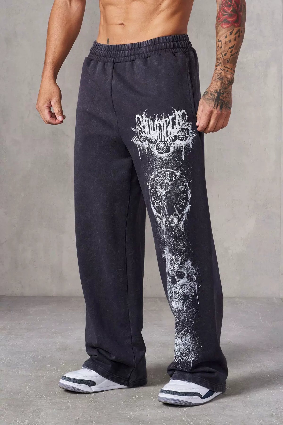 YOUNGLA Men's Acid Wash Heavy Metal Skull Graphic Wide Leg Sweatpants