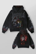 YOUNGLA- Washed Black Yugi Anime Graphic Pullover Hoodie