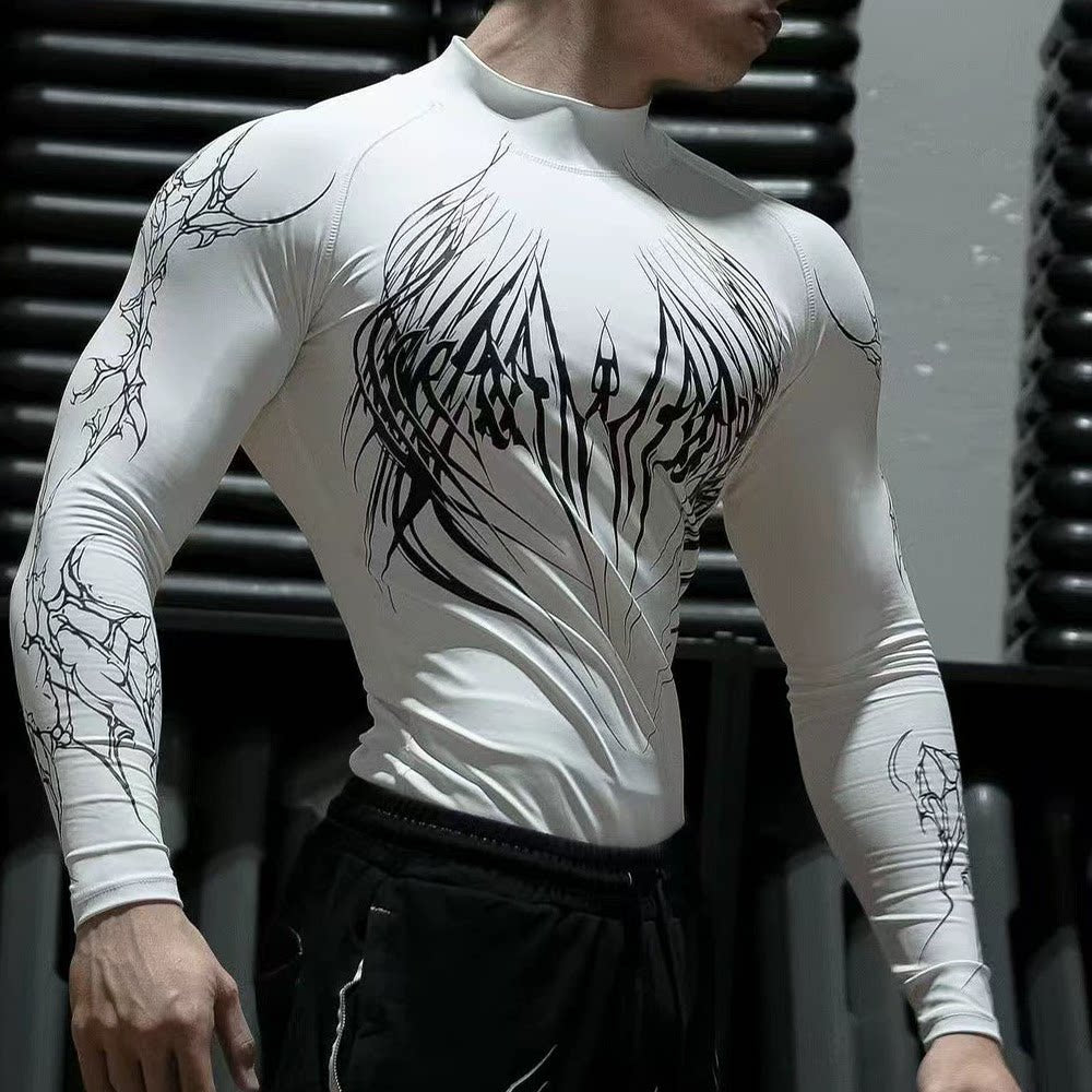 YOUNGLA- White Graphic Long-Sleeve Compression Shirt