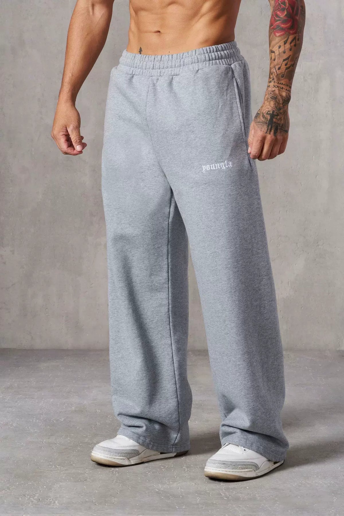 YOUNGLA Men's Minimalist Embroidered Logo Wide Leg Sweatpants