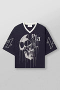YoungLA Heavyweight Oversized V-Neck Mesh Jersey – Navy Dripping Skull Graphic