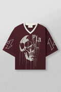 YoungLA Heavyweight Oversized V-Neck Mesh Jersey – Maroon Dripping Skull Graphic