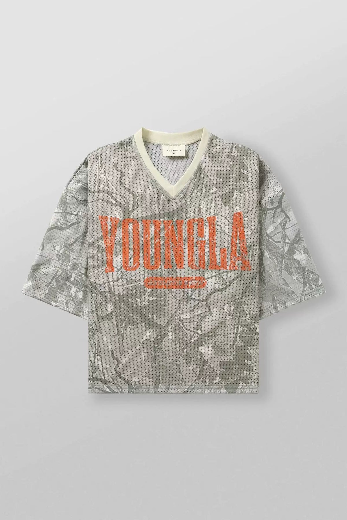 YoungLA Grey Camo Oversized V-Neck Mesh Jersey – Orange Distressed Graphic