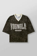 YoungLA Camo Oversized V-Neck Mesh Jersey – Distressed Logo Graphic