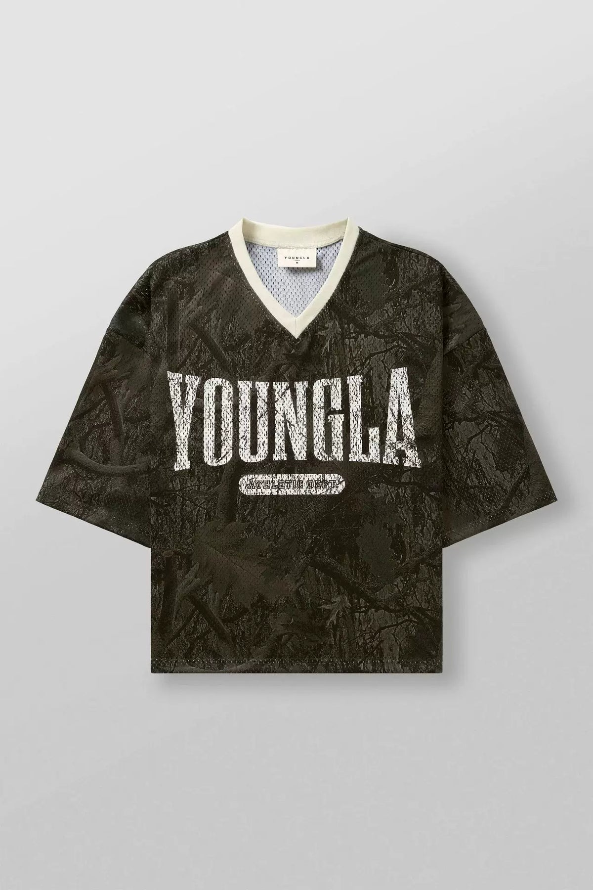 YoungLA Camo Oversized V-Neck Mesh Jersey – Distressed Logo Graphic
