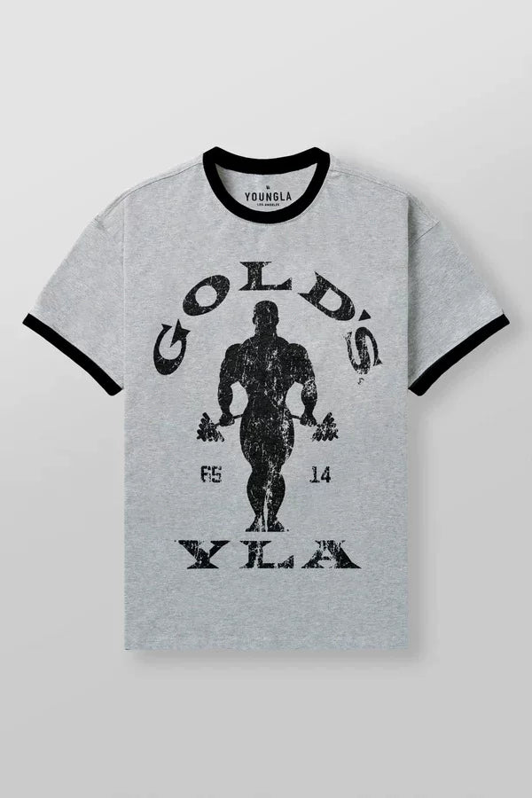YoungLA x Gold's Gym Vintage Graphic Ringer T-Shirt | Classic Grey Bodybuilding Tee